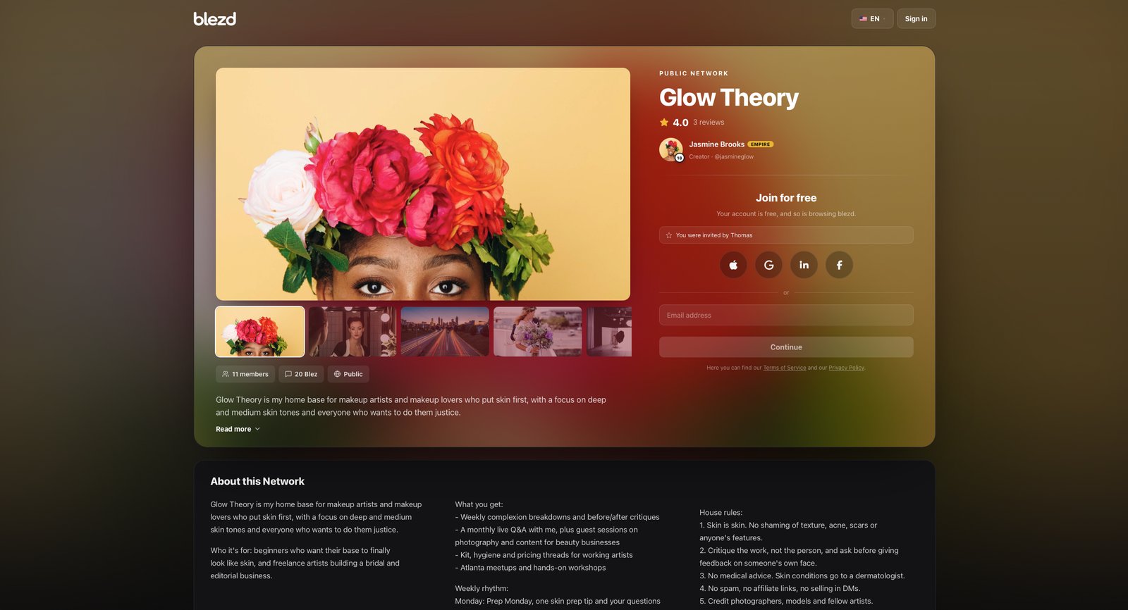 Share page of the public network Glow Theory with photos, rating, creator and free sign-up